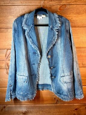 Diane Gilman Light Blue Frayed Edge Denim Blazer Jean Jacket Jewel Buttons Small